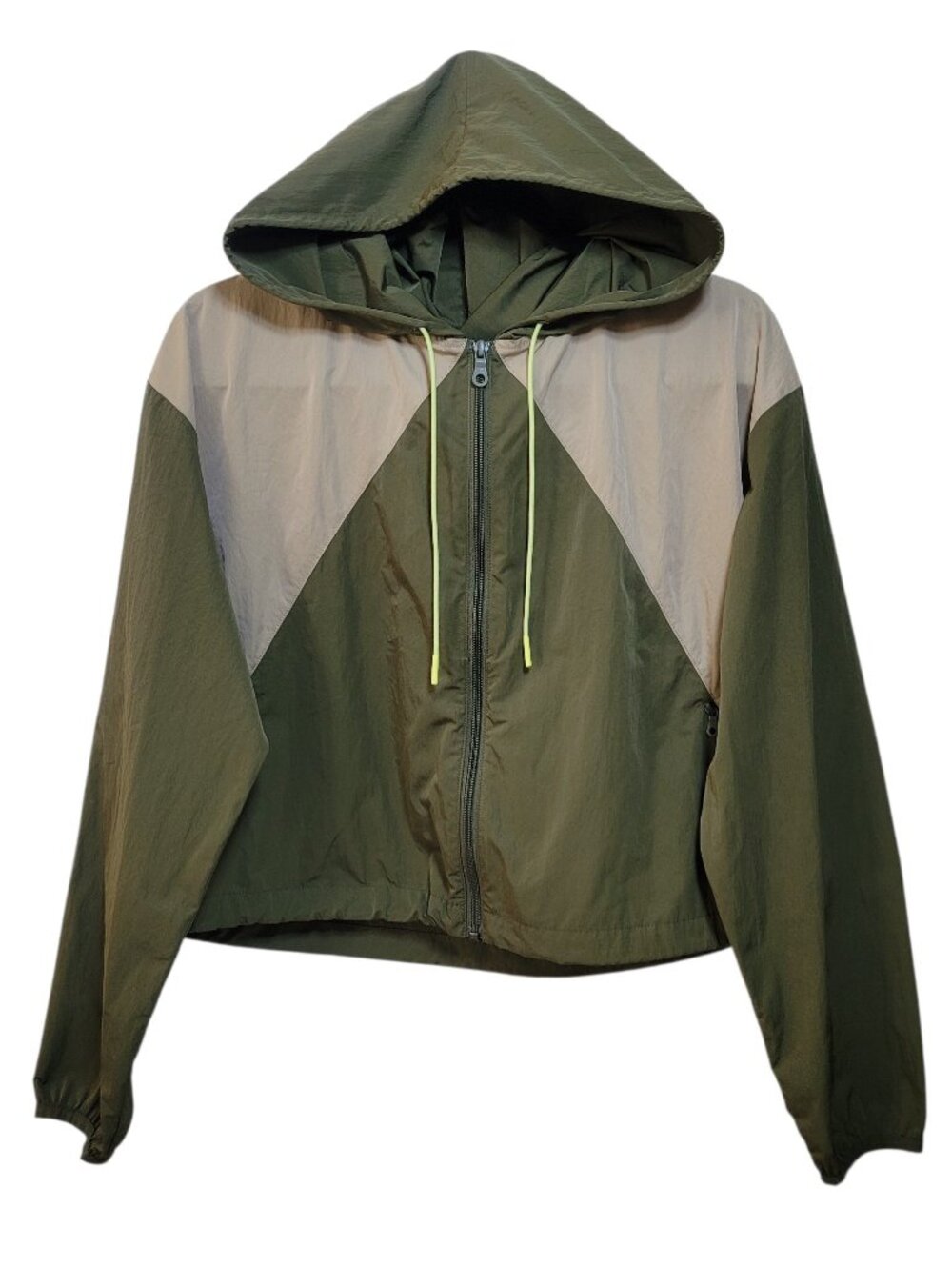 Aerie OFFLINE Colorblock Nylon Windbreaker Jacket Crop Hooded Olive Green Medium